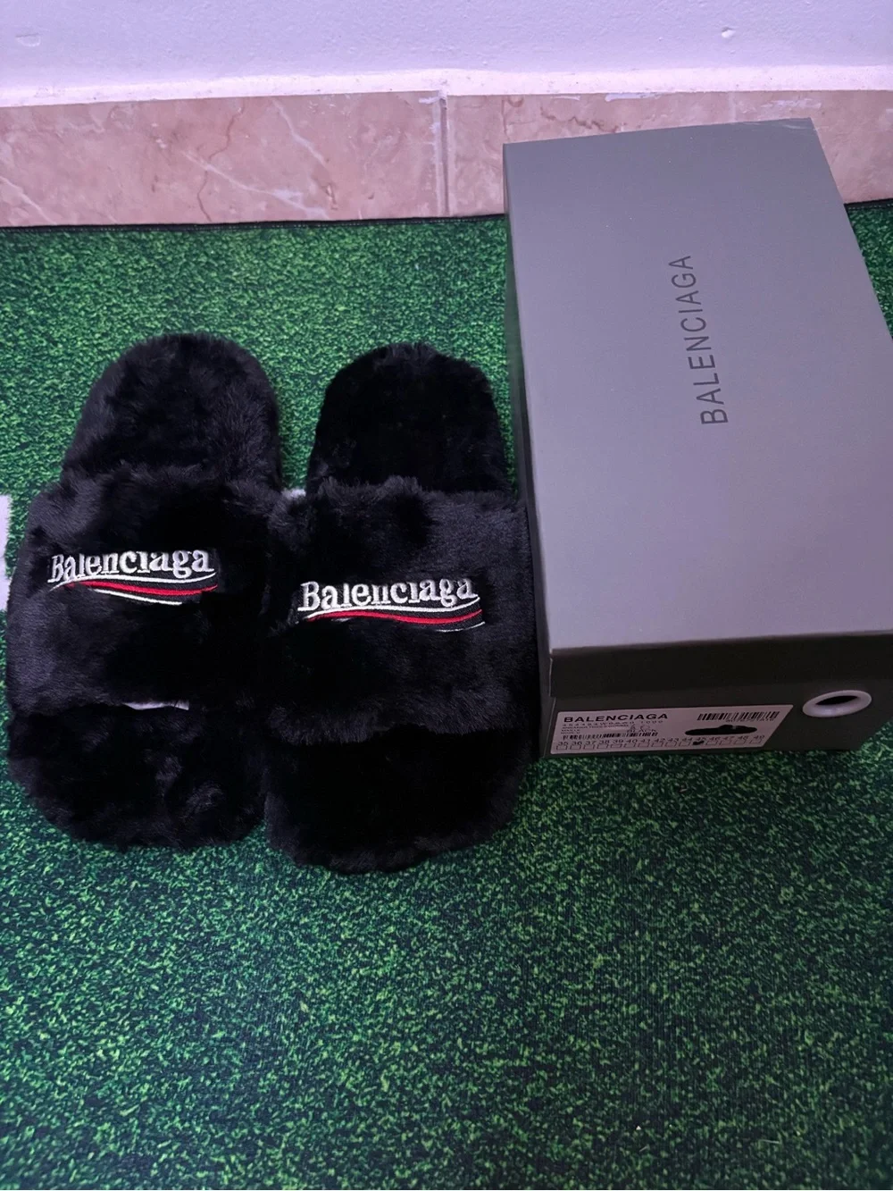 Balenciaga Black Fur Shiny Slides
